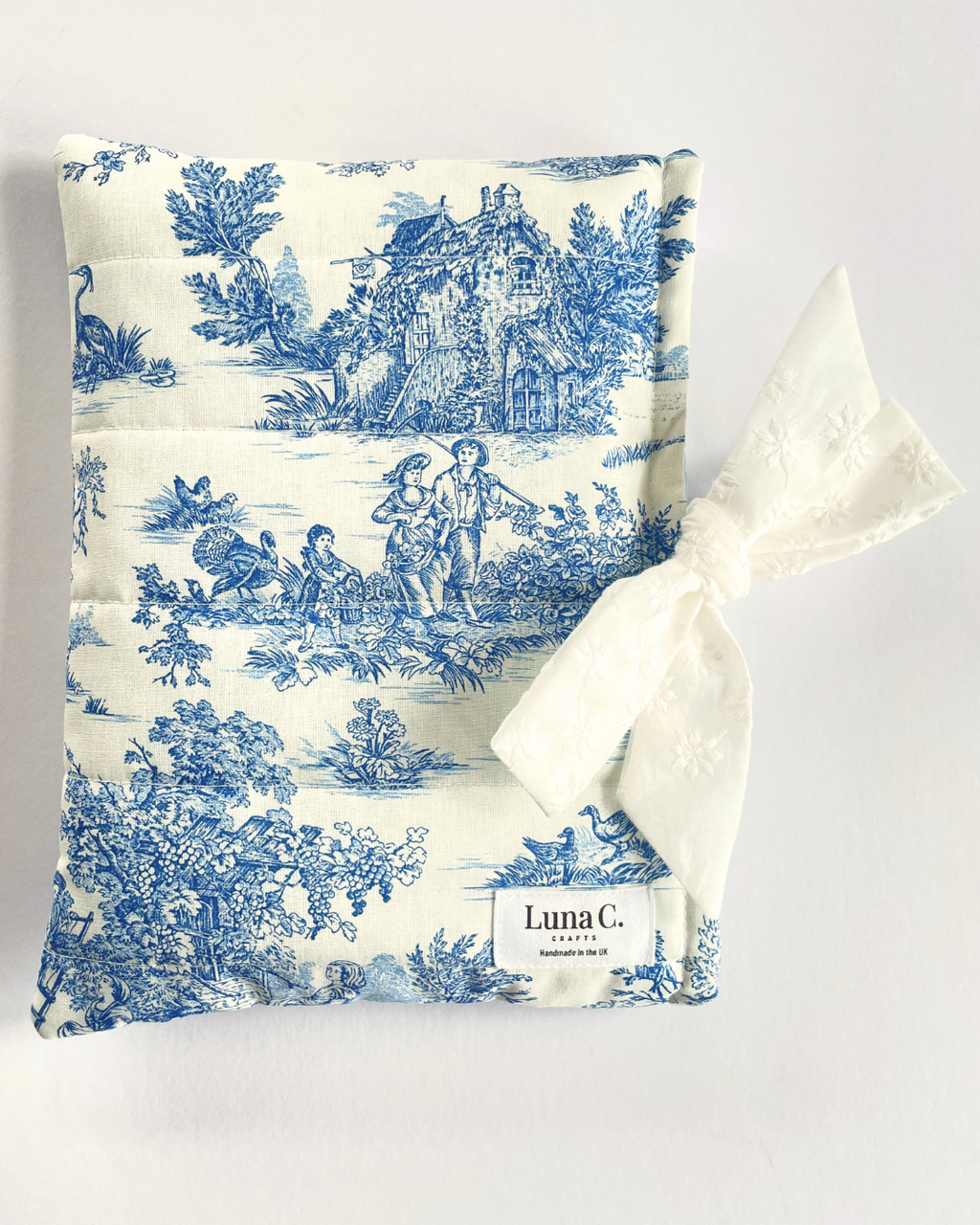 Blue Toile de Jouy Book Sleeve with White Broderie Anglaise  Ribbon Tie
