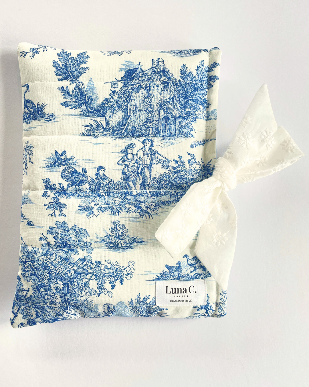 Blue Toile de Jouy Book Sleeve with White Broderie Anglaise  Ribbon Tie