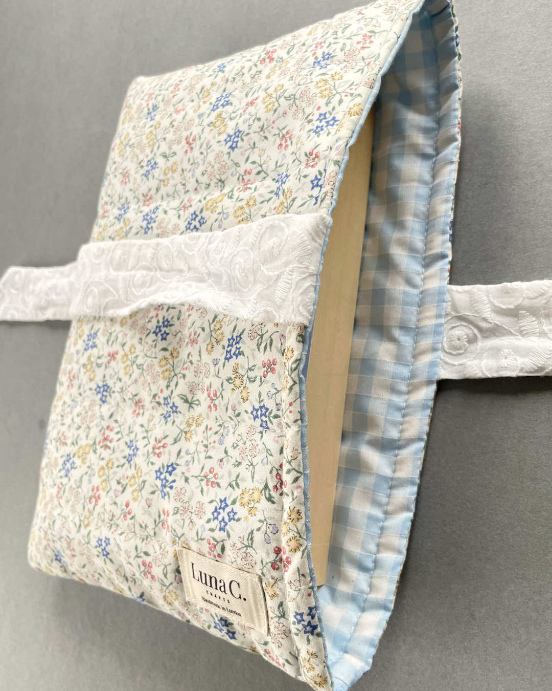 Wildflower Meadow Book Sleeve with White Broderie Anglaise Ribbon Tie