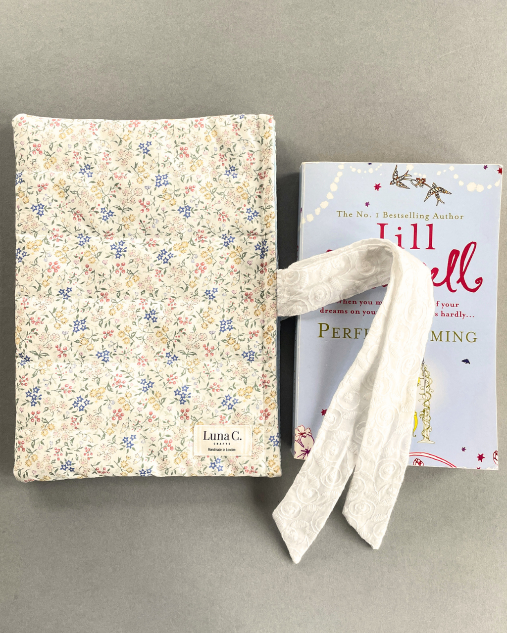 Wildflower Meadow Book Sleeve with White Broderie Anglaise Ribbon Tie