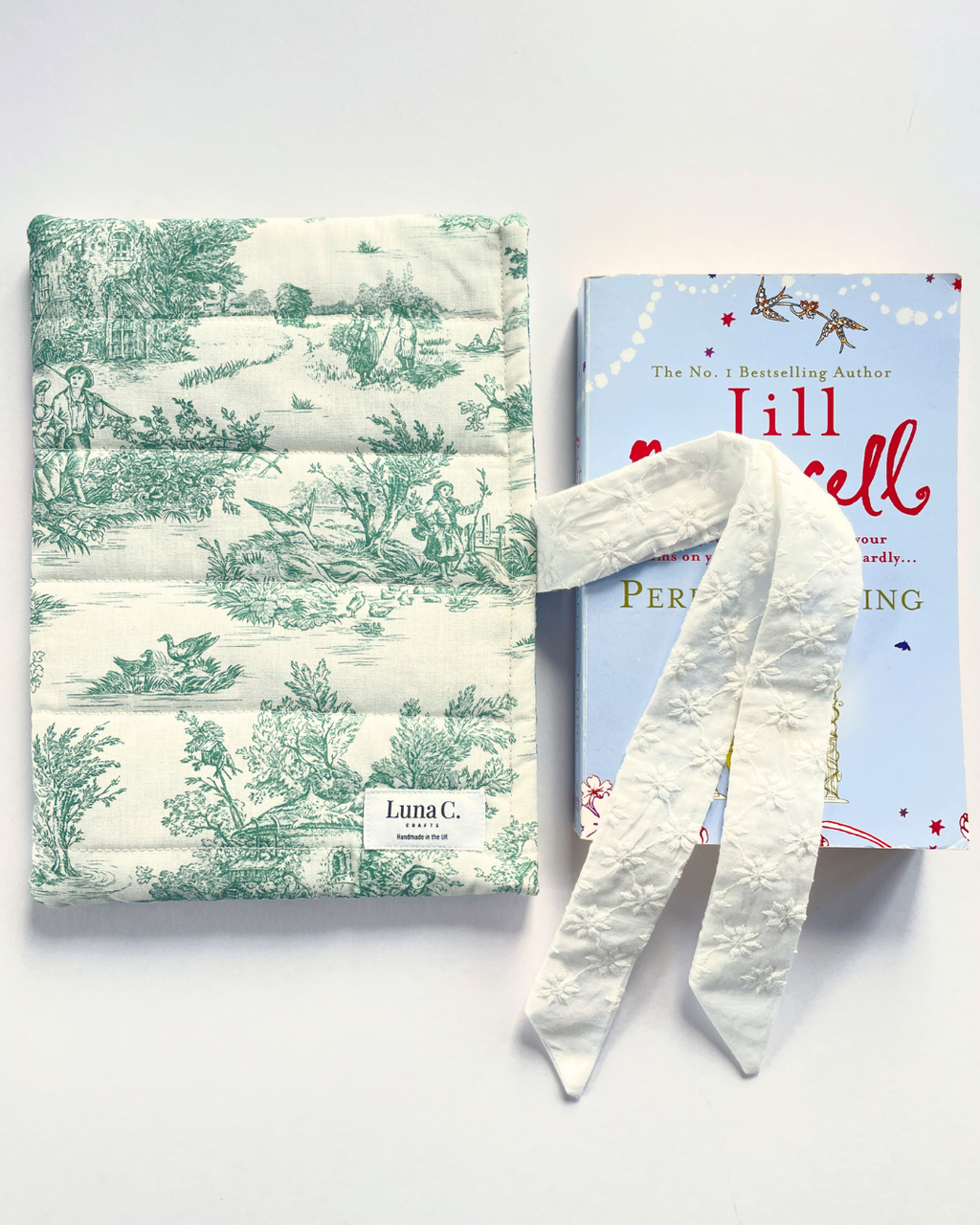Green Toile de Jouy Book Sleeve  with White Broderie Anglaise Ribbon Tie