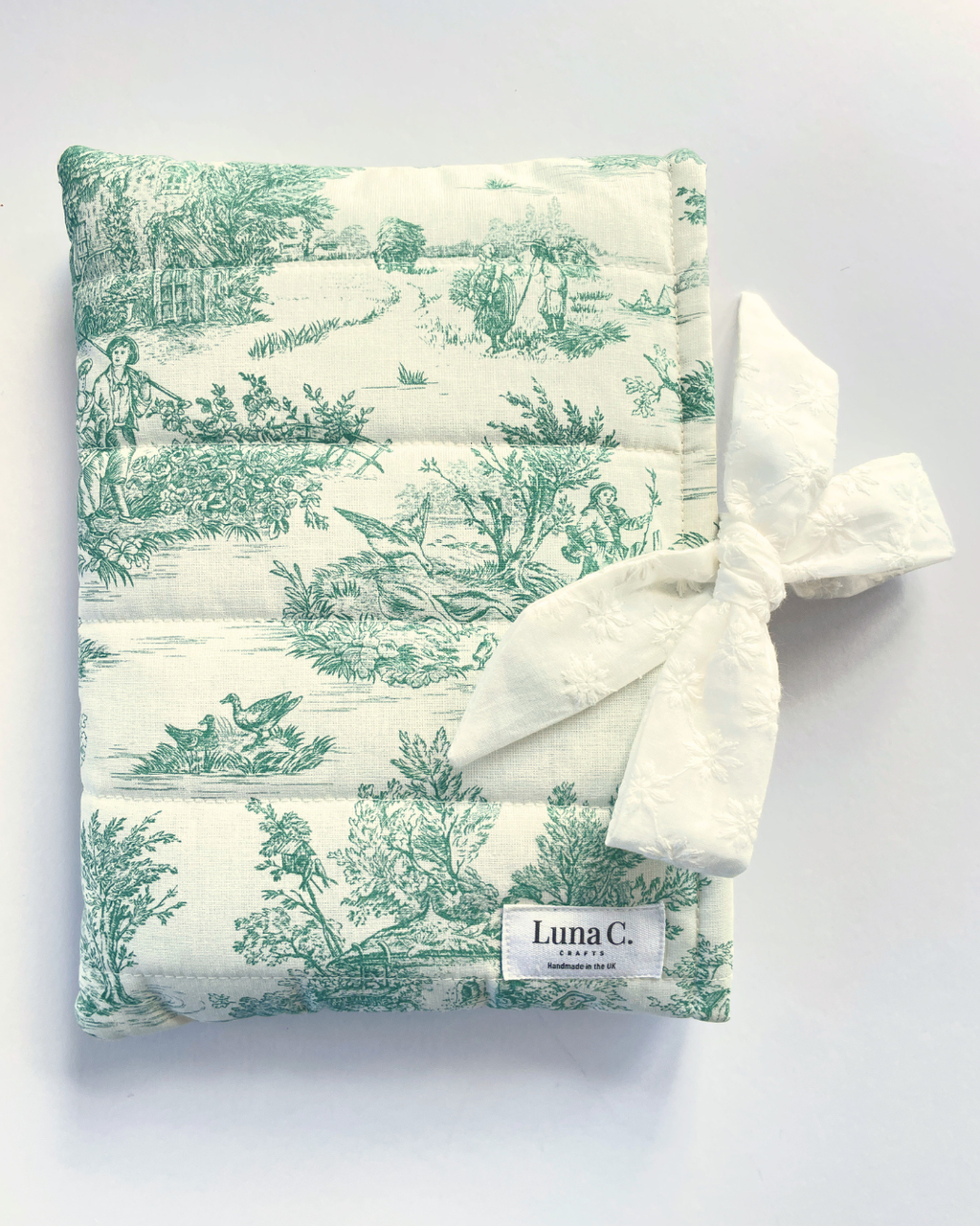 Green Toile de Jouy Book Sleeve  with White Broderie Anglaise Ribbon Tie