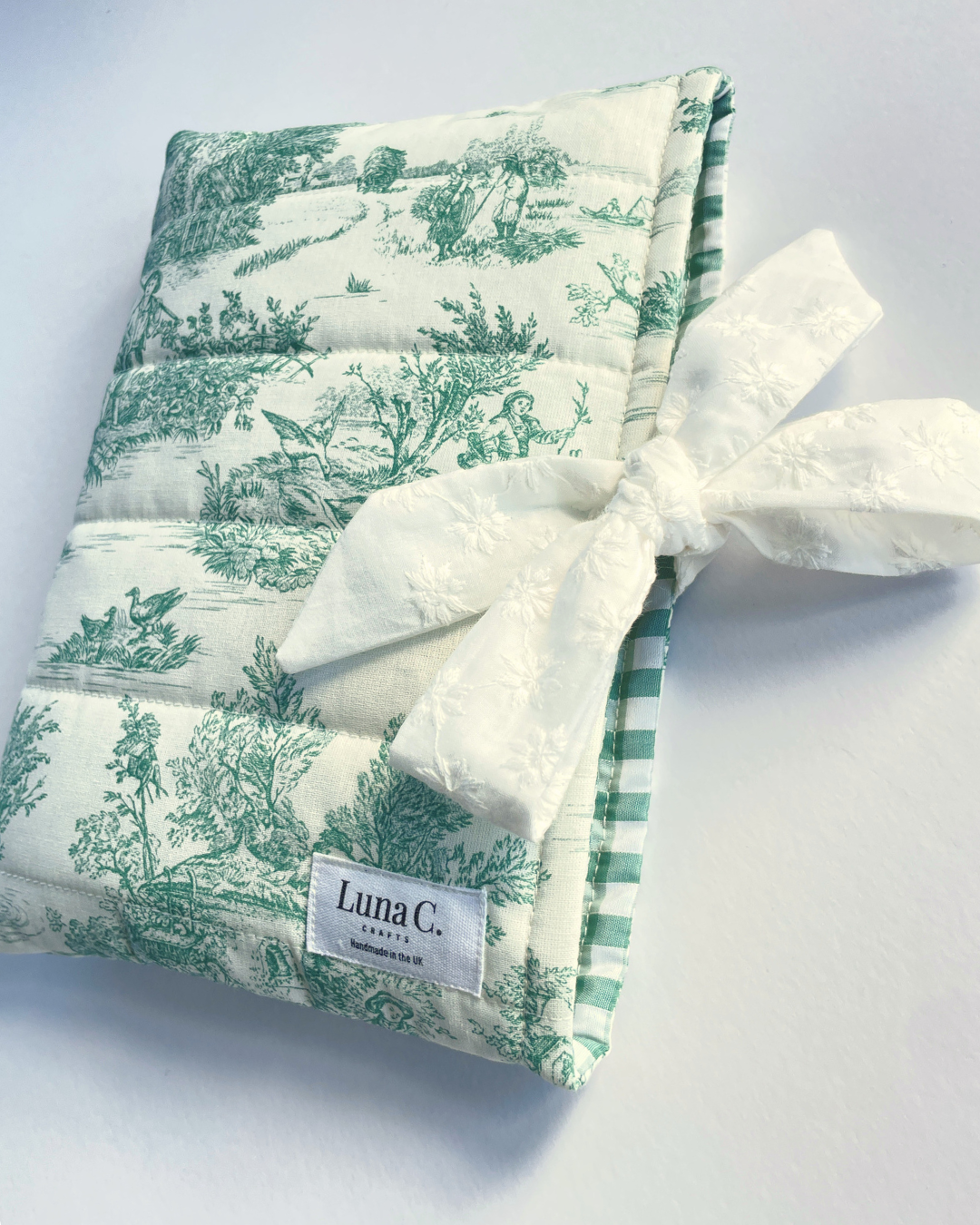 Green Toile de Jouy Book Sleeve  with White Broderie Anglaise Ribbon Tie