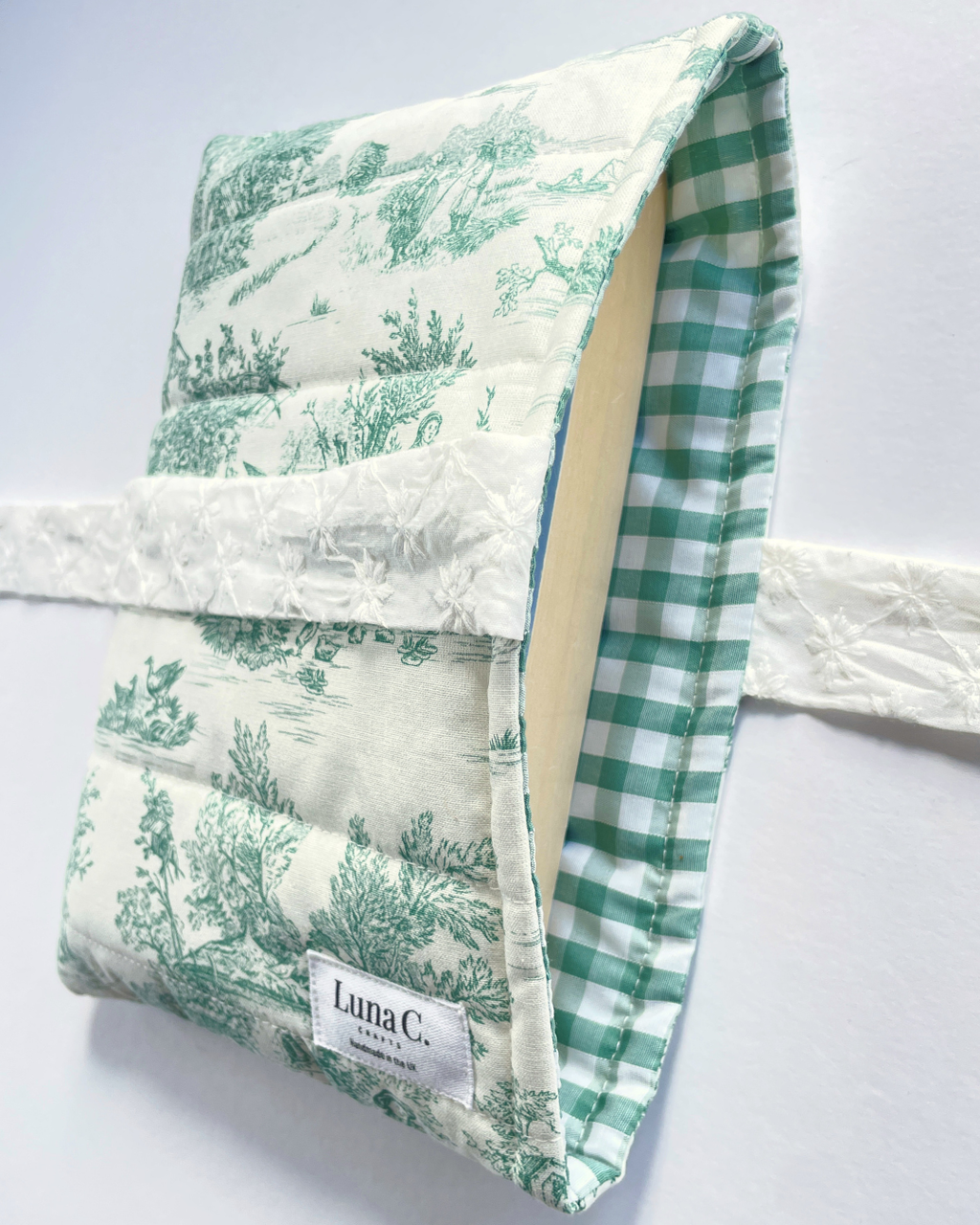 Green Toile de Jouy Book Sleeve  with White Broderie Anglaise Ribbon Tie
