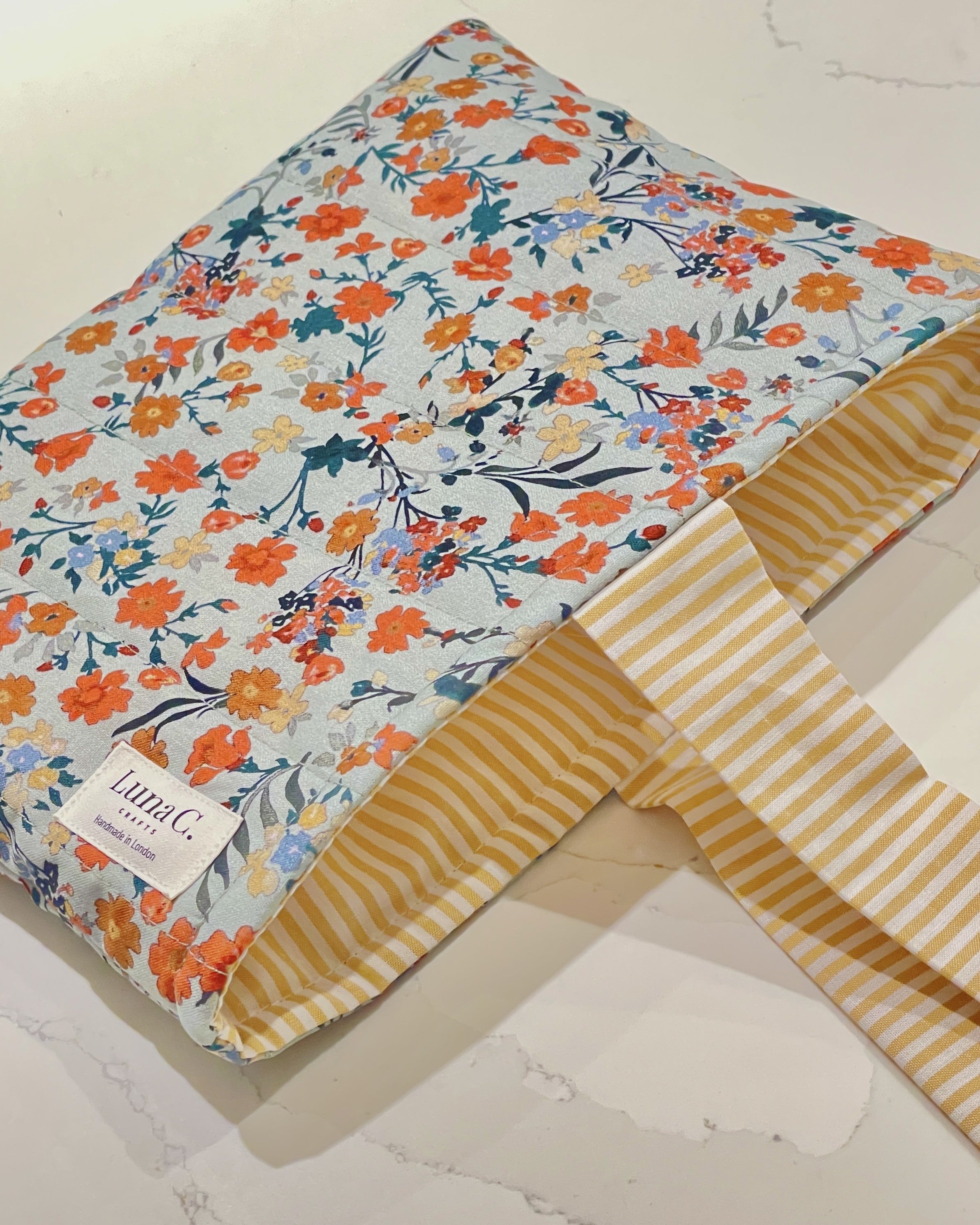 Light Green Orange Floral Yellow Striped Lining Quilted Ribbon-Tied Book Sleeve