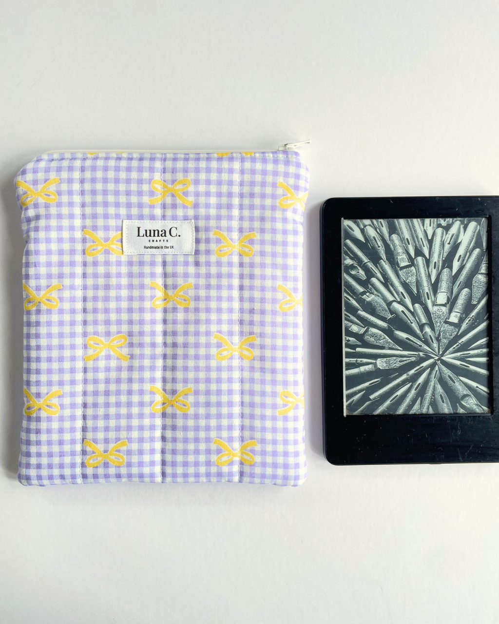 Lilac Gingham & Yellow Bows Zippered Kindle Sleeve