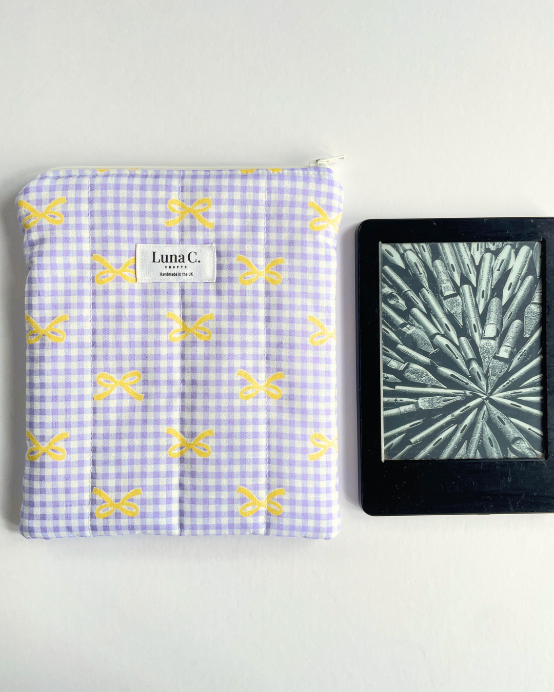 Lilac Gingham & Yellow Bows Zippered Kindle Sleeve