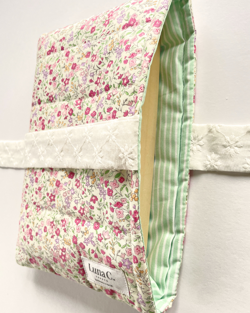 Pink Ditsy Floral Book Sleeve with White Broderie Anglaise Ribbon Tie