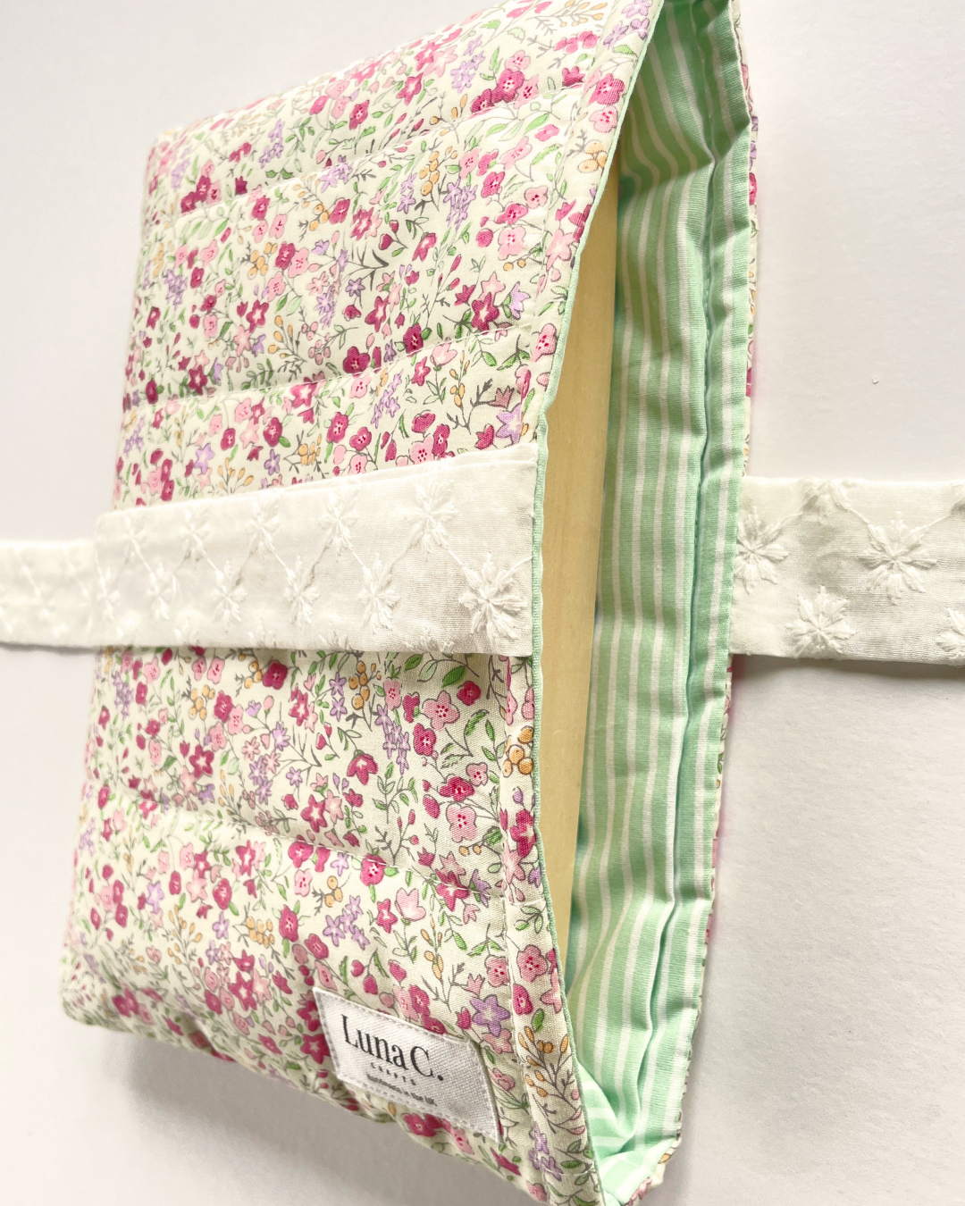 Pink Ditsy Floral Book Sleeve with White Broderie Anglaise Ribbon Tie