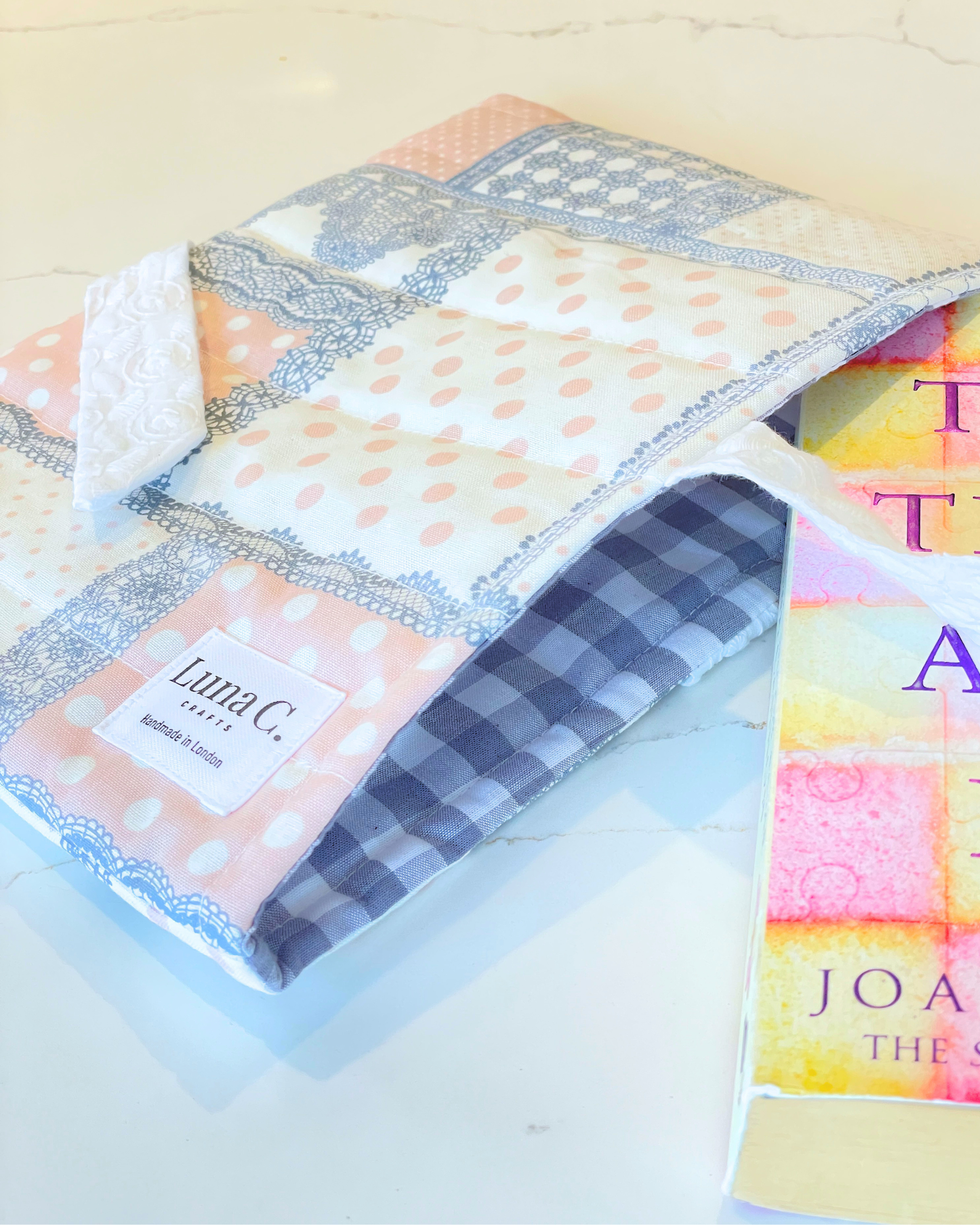 Pink and Grey Patchwork Book Sleeve with White Broderie Anglaise Ribbon Tie