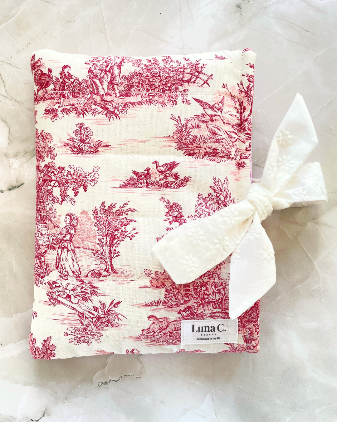 Red Toile de Jouy Book Sleeve with White Broderie Anglaise Ribbon Tie