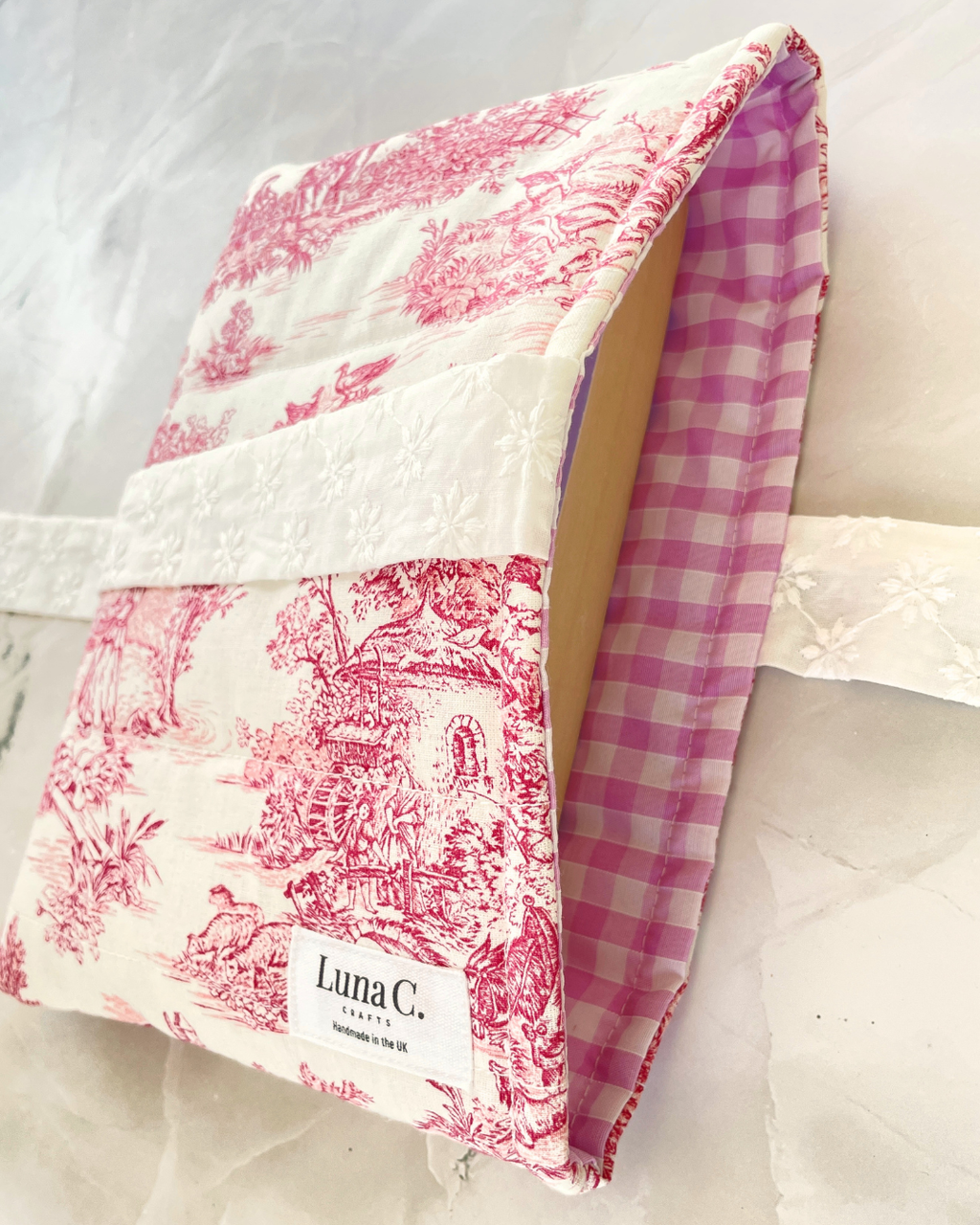 Red Toile de Jouy Book Sleeve with White Broderie Anglaise Ribbon Tie