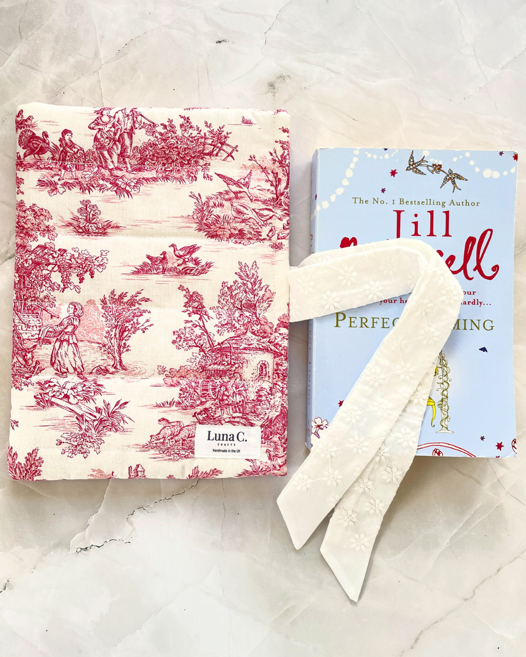 Red Toile de Jouy Book Sleeve with White Broderie Anglaise Ribbon Tie