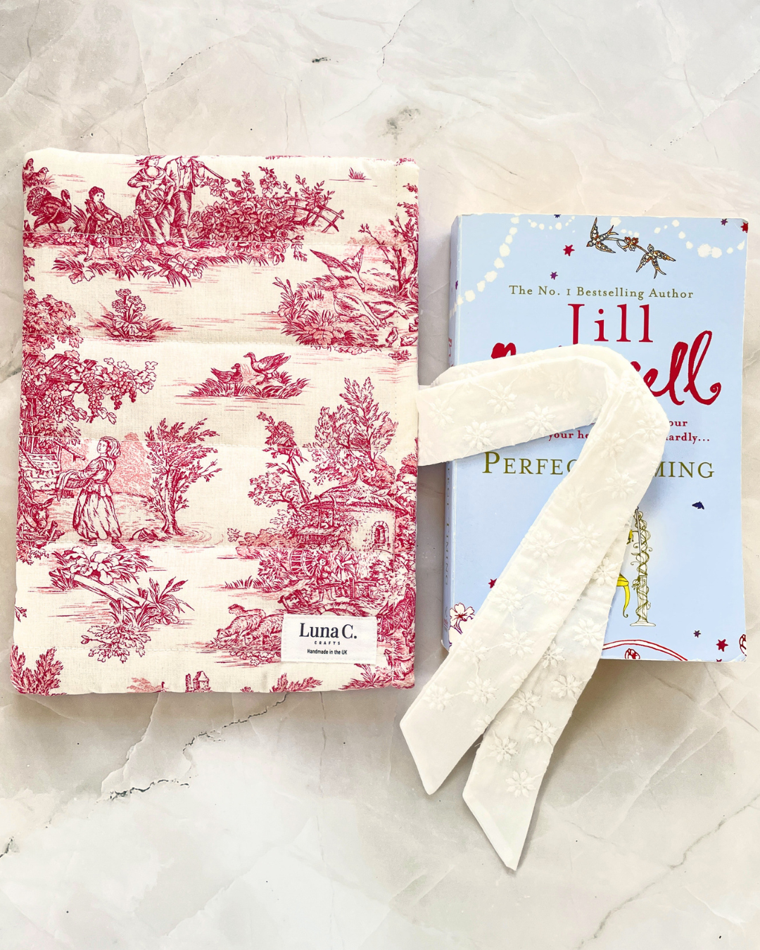 Red Toile de Jouy Book Sleeve with White Broderie Anglaise Ribbon Tie