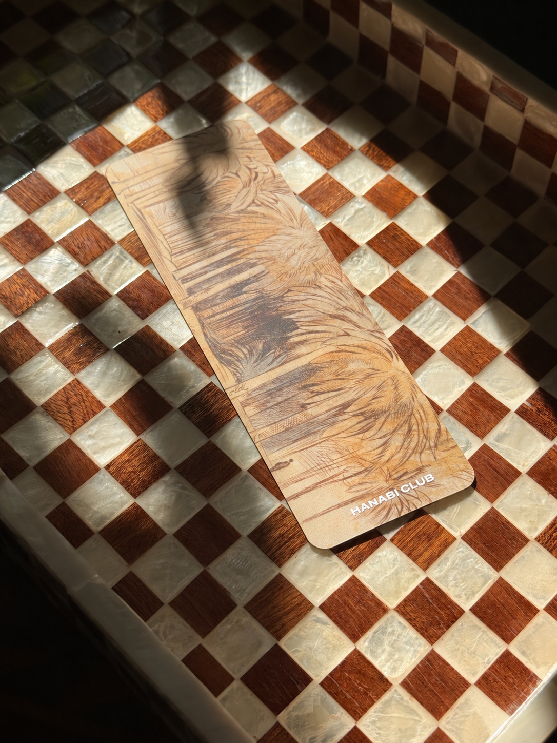 Under the Palms bookmark with vintage sepia palm illustration