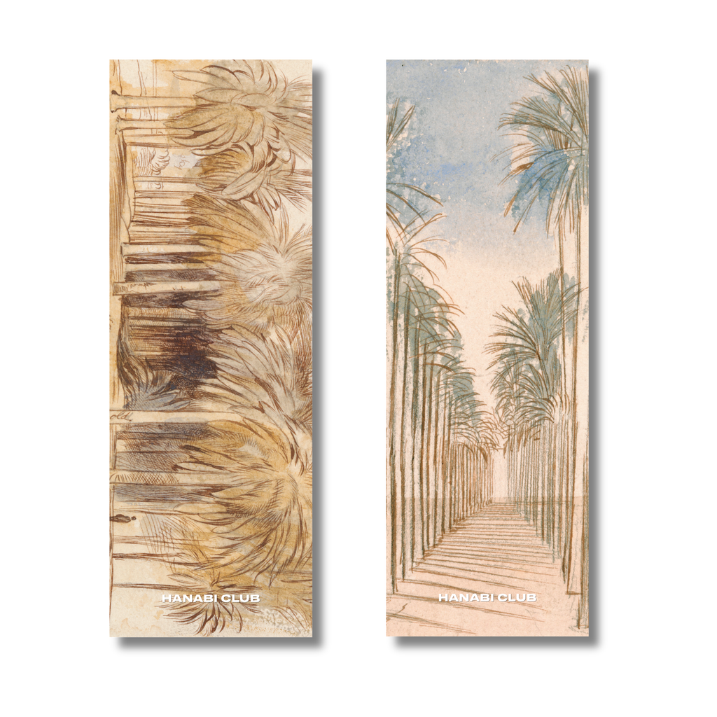 Under the Palms double-sided palm tree bookmark showing both illustrated sides