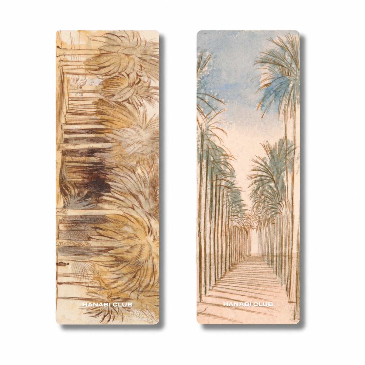 Under the Palms double-sided palm tree bookmark showing both illustrated sides
